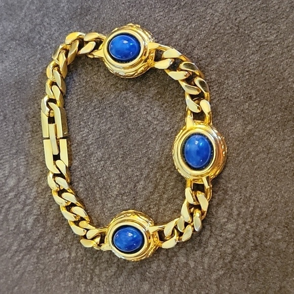 Vtg Blue Cabochon Goldtone Castlecore Curb Chain Bracelet - Picture 4 of 7